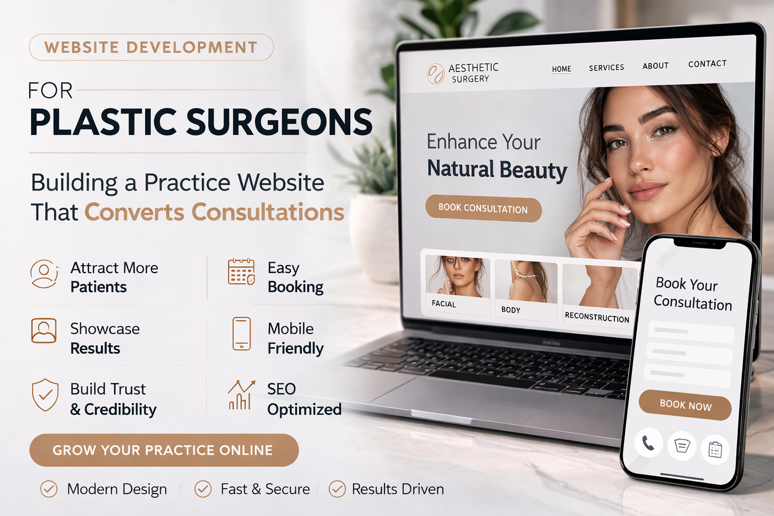 Plastic surgery practice website design showcasing procedure pages and patient gallery