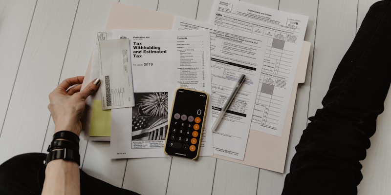 Budget planning with calculator, charts and financial data on desk